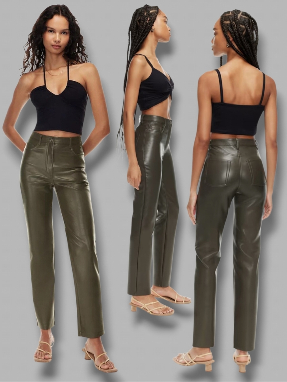 WILFRED/ ARITZIA Women's The Melina High-Waisted Dark Olive Vegan Leather Pants